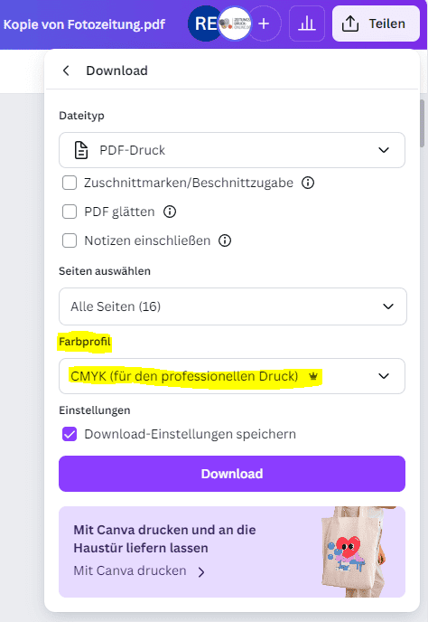 Farbprofil CMYK für Zeitungsdruck in Canva einstellen