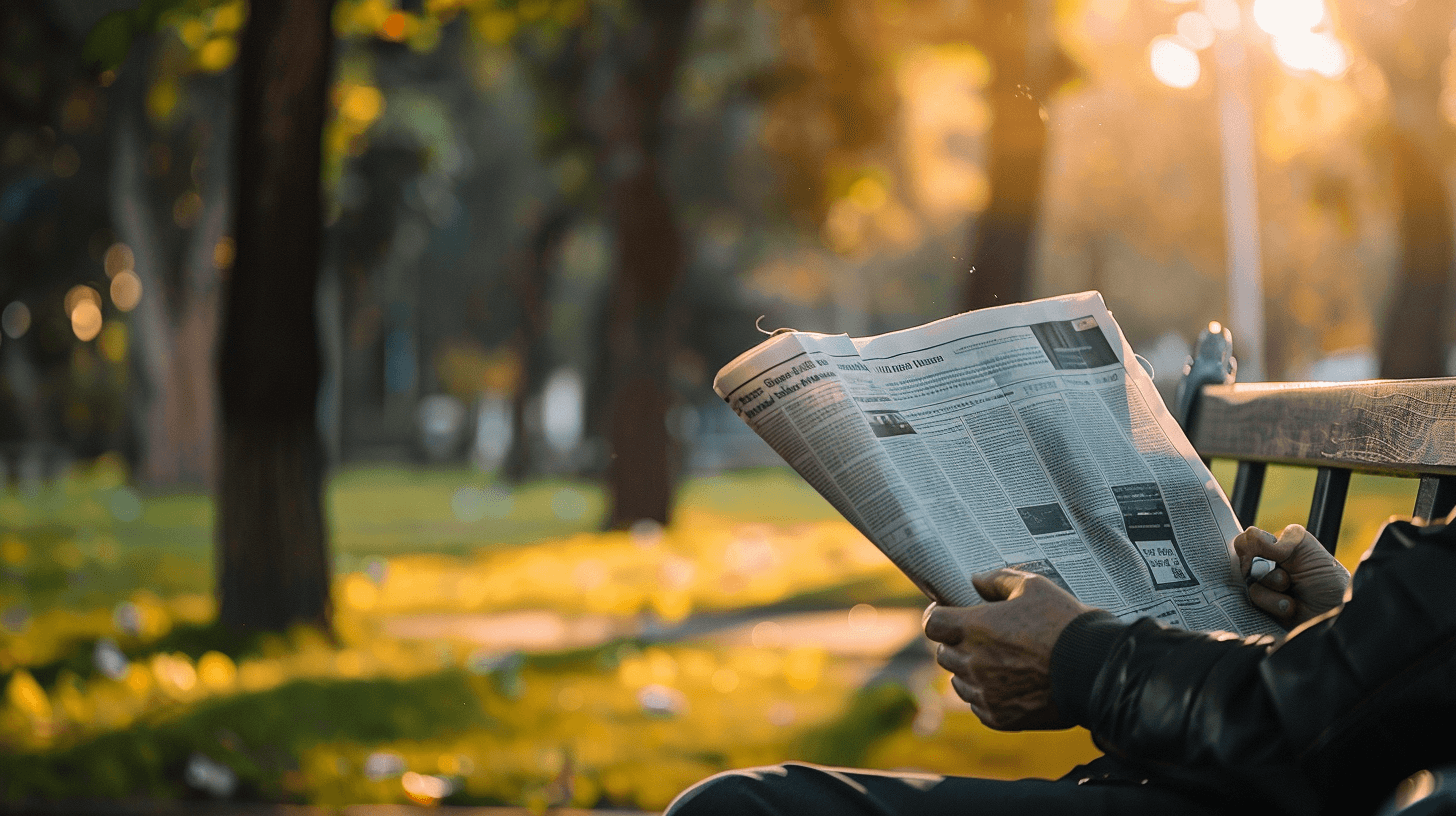 Leser im Park mit großer Zeitung im traditionellen Broadsheet-Format