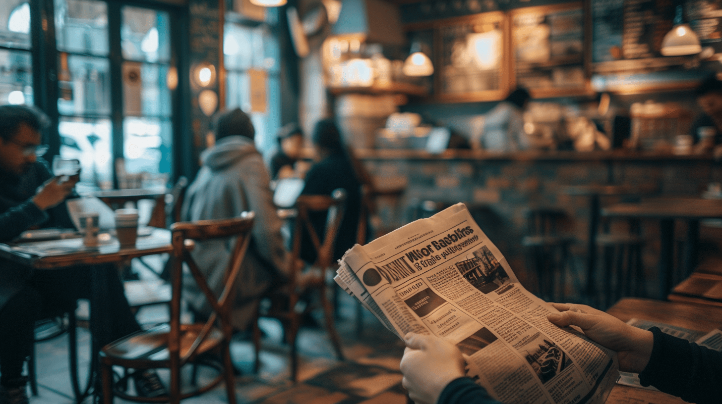 Leser im Café mit Zeitung im handlichen Tabloid-Format