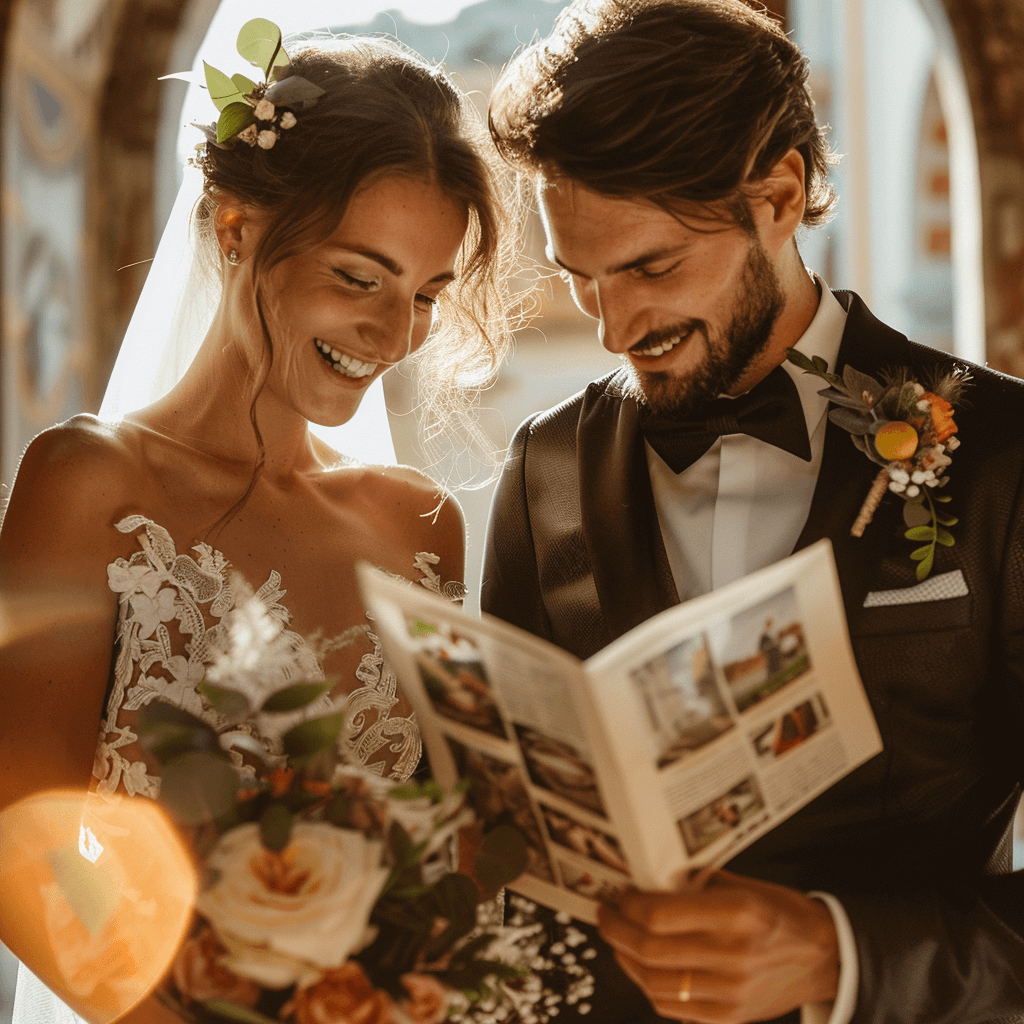 Glückliches Brautpaar mit persönlicher Hochzeitszeitung